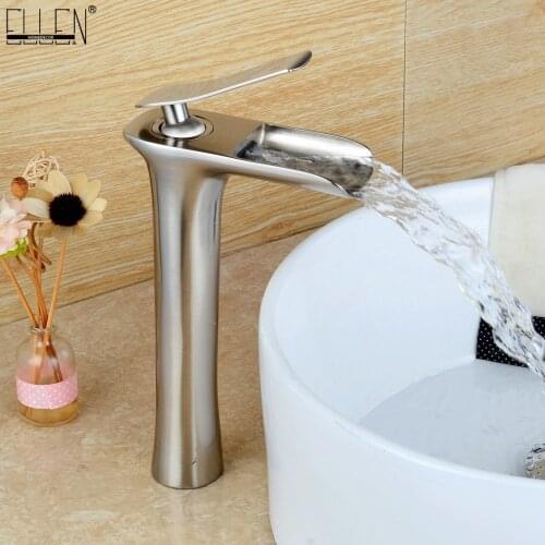 Vidric Waterfall Tall Bathroom Sink Faucet Solid Copper Hot and Cold Water Mixer Brush Nickel Basin Faucet ELF8900