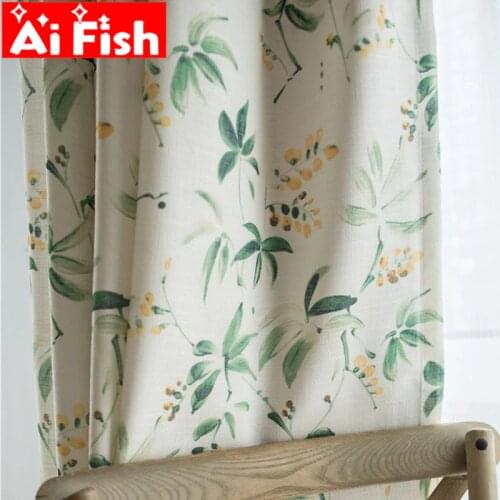 American Country Cotton Linen Semi-shade Curtains For Living Room Green Leaves Floral Window Screen Bedroom Curtain Fabric MY122