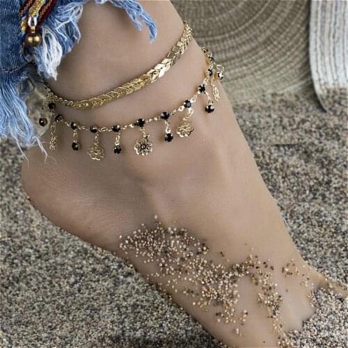 Bohemian Ankle Bracelets For Women Multilayer Gold Color Foot Chain Flower Crystal Dangle Tassel Foot Jewelry Beach Accessories