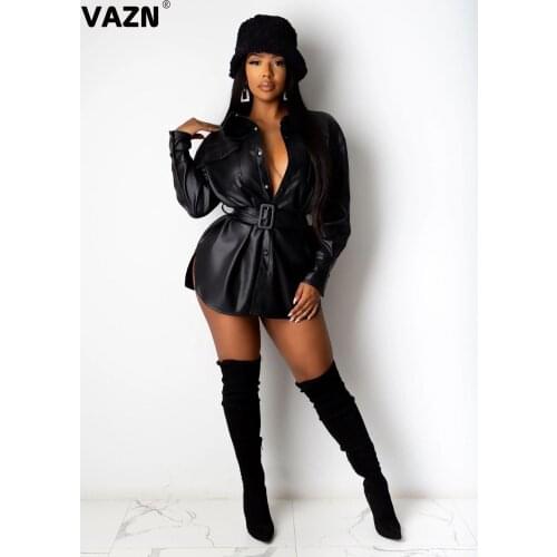 VAZN 2020 Hot Sales Leather Dress Young Sexy Young Daily Elegant Lace Up Top Full Sleeve Women High Waist A-Line Mini Dress