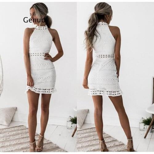 Sexy Lace Stitching Hollow Out Dress Elegant Women Sleeveless White Summer Chic Short Club Party Clothes Dresses