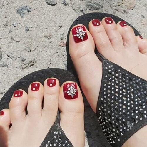 24pcs Rhinestones Inlaid Toenail Patch Red Wine Glue Type Removable Short Paragraph Manicure False Toenail Patch DL