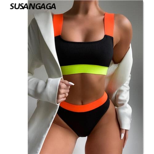 High Waist Bikinis Swimsuit Women 2021 Push Up Swimwear Feamle Splicing Biquini Ribbed Bathing Suit Women Summer Beachwear New