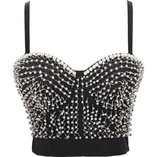 Cupnaya Handmade Sew Pearls Diamante Women Sexy Black Crop Top Bustier Short Camisole Corset Bralette Sparkly Dance Clubwear