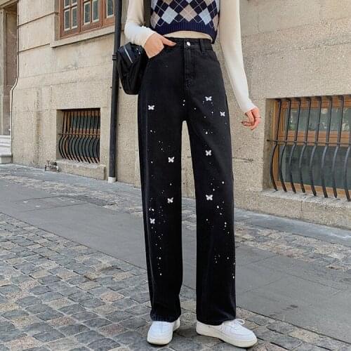 Spring pants 2021 autumn harajuku korean fashion denim trousers personality vintage embroidery butterfly jeans woman high waist