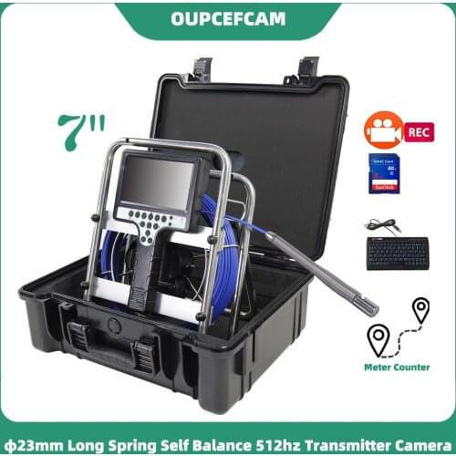 Φ23mm Long Spring Self Balance 512hz Camera Drain Sewer Pipe Inspection Endoscope 7" Screen DVR Keyboard Meter Counter 5mm Cable