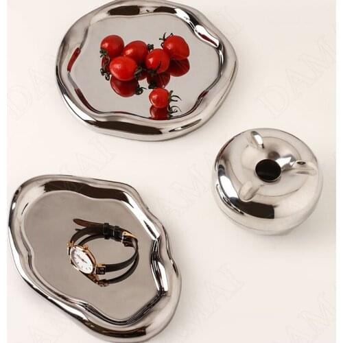 European Ceramic Tray Silver Plating Decorative Bedroom Jewelry Organizer Afternoon Tea Cake Tray Irregular Home Decoration