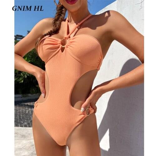 GNIM Sexy Bandeau Swimwear Women One Piece Bandage Solid Backless Beachwear Brazilian Swimsuit Femae High Cut Swim Bathing Suit