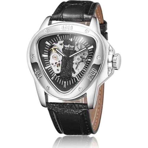 Gorben Silver/Black Casual Fashion Leather Strap Skeleton Wristwatch Mens Watches Male Automatic Mechanical Watch