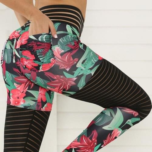 2020 Sexy Lace Stitching Print Leggings Women Pocket Workout Clothes Push Up Patchwork Fitness Legging Female Elastic Slim Pants