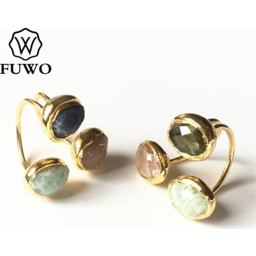 FUWO Trendy Women Natural Gems Stone Cuff Rings Elegant Carved Crystal Jewelry Fit Female Wedding Party 5 pieces/lot RG023