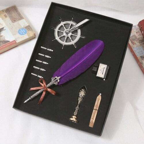 English Calligraphy Feather Writing Ink Pen Set,Rudder Pen Nib Base,Fire Paint,Seal,5 Replacement Nib,Fountain Pen,Business Gift