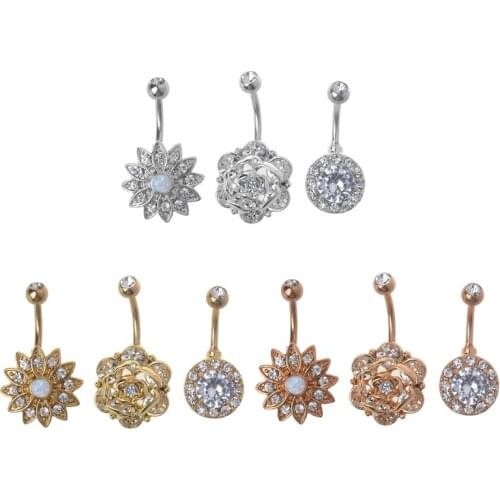3PCS Lotus Flower CZ Opal Belly Piercing Belly Button Rings Set Body Jewelry