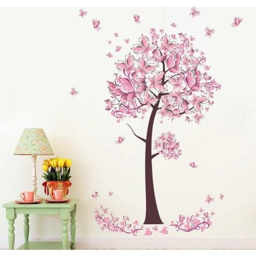 Pink butterfly flower Wall Sticker bedroom living room background decorations wallpaper girls room Mural decor door stickers