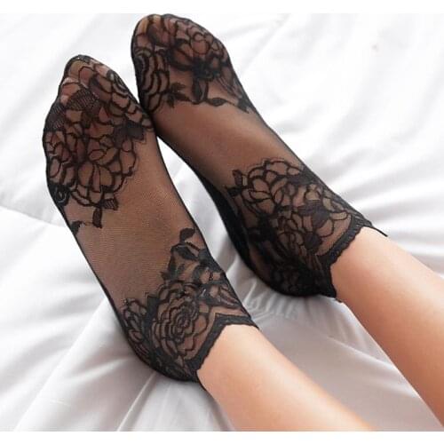 Women Sexy Hollow Out Fishnet Ankle Socks Solid Color Floral Lace Splicing Anti-Skid Silicone Ultra Thin Tube Hosiery
