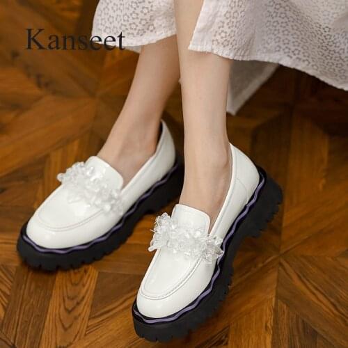 Kanseet Cow Patent Leather 2021 New Round Toe Womens Shoes High Quality Chunky Heels Slip-On Fashion Female Footwear Beige 40