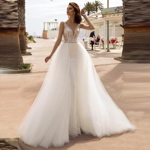 New Fashion Detachable Skirt Wedding Dress Lace Dresses V Neck Sleeveless Beaded Crystals Belt Ivory Wedding Dress Tv12