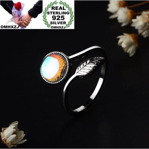 OMHXZJ Wholesale European Fashion Woman Girl Party Birthday Wedding Gift Leaf Moonstone Resizable 925 Sterling Silver Ring RR973