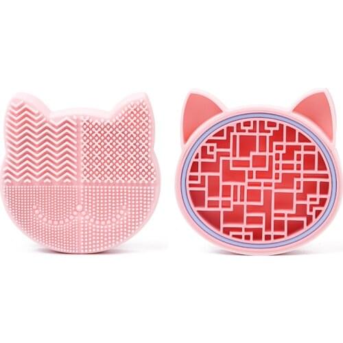 Portable Makeup Fast Cleaning Washing Tool, 2 in 1 Silicon Brush Cleaner Pad with Cosmetic Brush Organizer Rack of Cat Shaped