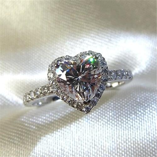 Simple Wedding Rings For Women 925 Silver Heart Colorful 6mm Cubic Zirconia Romantic Ring Engagement Bridal Fashion Jewelry