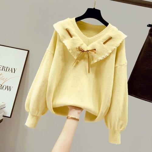 Spring Autumn Women Solid Long Sleeve Vintage All-match Sweater Female Peter Pan Collar Tops Ladies Elegant Bow Pullovers H264