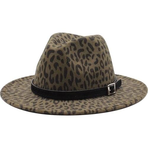 Seioum Fedoras Hats For Women Wide Brim Felt Hat Ladies Tweed Army Green Jazz Cap Female Leopard Winter Elegant Pork Pie Hat