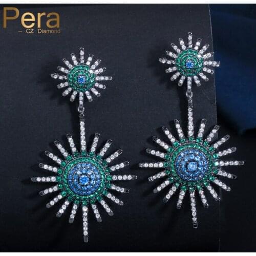 Pera Elegant Daily Party Black Color Big Double Star Shape Green Cubic Zirconia Paved Long Dangling Drop Earrings For Women E373
