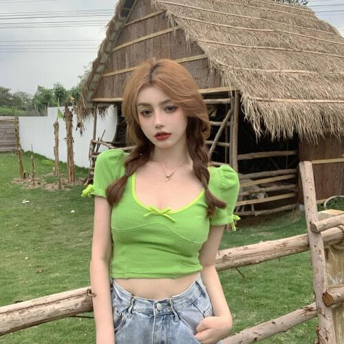 Corset Top Bow U-Neck Self Cultivation Short Sleeve New Pattern High Waist New Women Summer Exposed Navel Crop Top