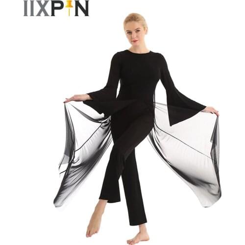 Women Lyrical Dance costumes leotards One-piece Round Neck Long Flare Sleeves Mesh Overlay Culottes Leotard dancing Jumpsuit