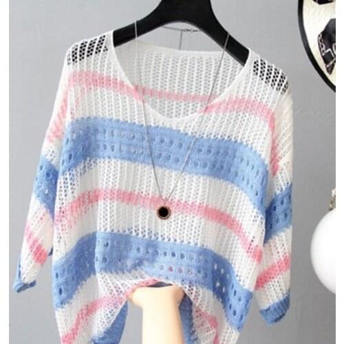 Summer New Knitted Women Pullover Hollow Out V-neck Loose Female Sweaters 2020 Patchwork Striped Women Tops M-XXL