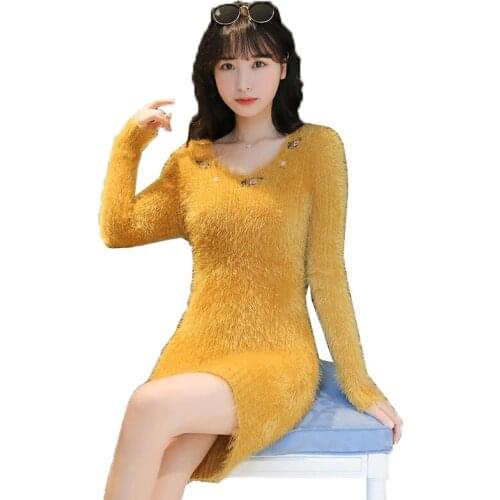 Imitation Mink Embroidered Sweater Female Knitted Sweaters Pullover Korean Loose Winter Autumn New V-Neck Sweater Dress Women
