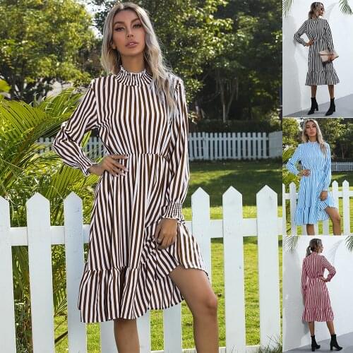 Medium Length Dress Summer Zevity Autumn Stripe Casual Skirts Waist Closing Woman Clothe High Collar Female Clothing Long Sleeve