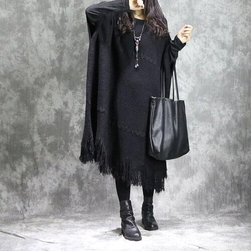 Women Bat Sleeve Knitted Solid Color Loose Plus Size Dress Female Batwing Sleeve knitting Dress Knitwear Retro Vintage Tassel
