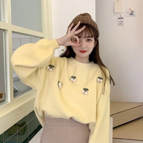2020 Autumn Sweet Three-dimensional Cherry Pullover o neck Sweater Women Autumn Winter Korean Version New Knit Sweater Girl
