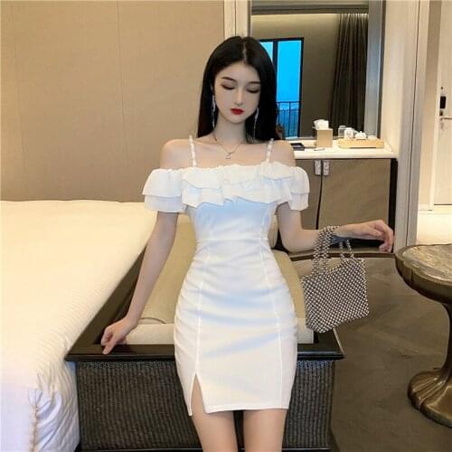 B4446 2020 new summer women fashion temperament Sexy nice pure color short section split dress cheap wholesale