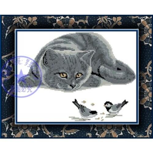 Free delivery top quality lovely counted cross stitch kit cat kitty with bird birds, black grey cat