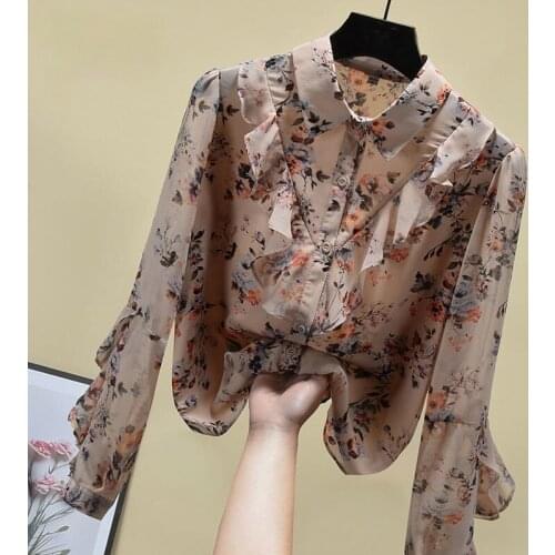 Blouse 2021 new spring and autumn Korean version of long-sleeved loose temperament lapel ruffled puff sleeve chiffon floral