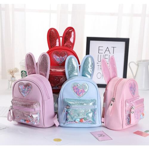 Kids Leather Backpack Cartoon Girls Rabbit Ear School Bag for Girl Glitter Sequin School Backpack Bags