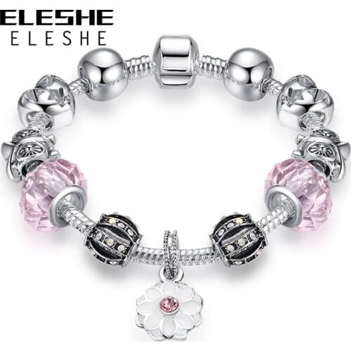 ELESHE 2 Style Silver Color Charm Bracelet with Green Pink Glass Clover Flower Bead Snake Chain Brand Bracelet for Women Jewelry