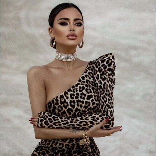 Hot Sale 2021 Sexy One Shoulder Split Leopard Long Sleeve Midi Women Summer Dress Designer Fashion Evening Party Dress Vestido