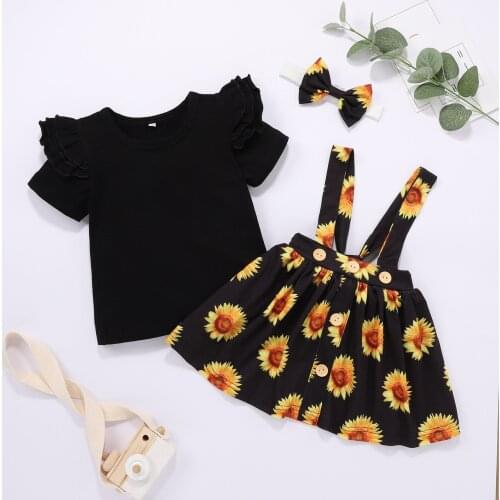 40# Solid Color Baby Girls Clothes Ruffled Short-sleeved T-shirt Top+sunflower Sun Flower Print Suspender Skirt+hair Tie Set