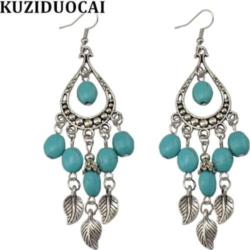 Kuziduocai Fashion Excellent Jewelry Retro Ancient Silver Color Tassel Green Stone Leaves Stud Earrings For Women Ladies E-300