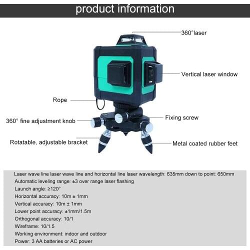 3D 12 Lines Green Laser Level 12 Beam Line with Box Self-Leveling 360 Beep Alarm Horizontal And Vertical Cross