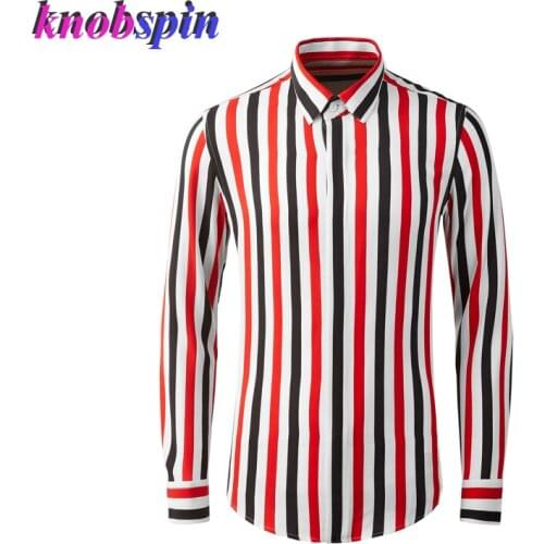 Plus Size 38-48 Shirt men Long sleeve Slim Casual Shirts for men Fashion Black Red Striped Chemise homm Cotton Tencel Camisas