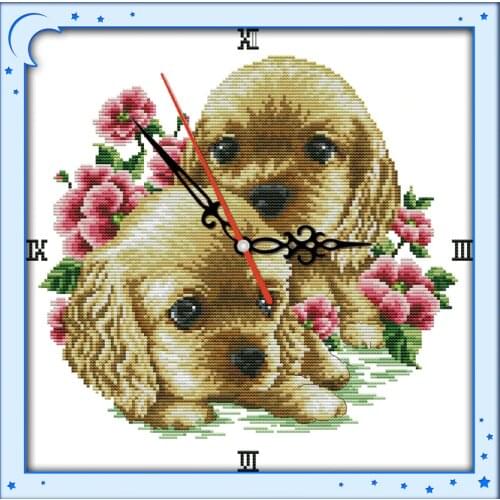 Dogs cross stitch kit 14ct 11ct count print canvas wall clock stitching embroidery DIY handmade needlework