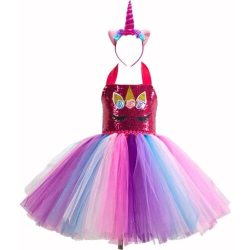 New Sequined Unicorn Popular Gauze Customized Hand-tied Tutu Dress Girl Pengpeng Dress Princess Dress Headdress Unicorn Dress