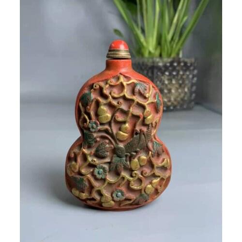 Very rare Qing Dynasty (QianLong1711-1799)Cinnabar & painted snuff bottle,Insects sign,Free shipping