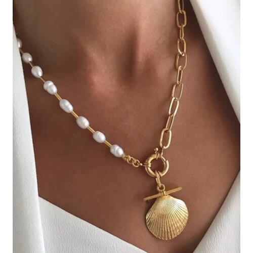Punk bohemian creative chunky Trendy Tag Clavicle Chain natural stone freshwater pearl shell pendant charms necklace lady women