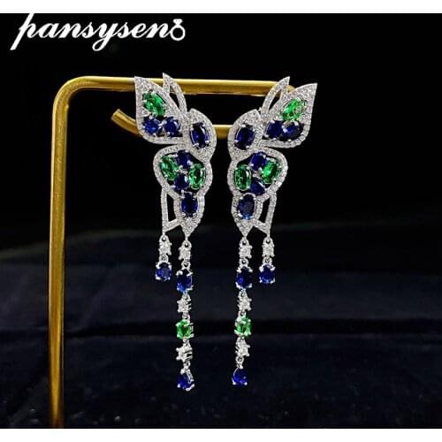 PANSYSEN 100% 925 Sterling Silver Butterfly Emerald Sapphire Created Moissanite Dangle Drop Earrings Women Wedding Fine Jewelry