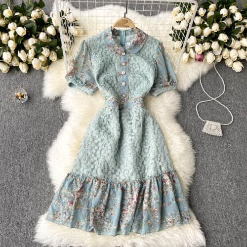 Womens Spring Summer Runway Fashion Short Sleeve Flower Embroidery Patchwork Dress Female Travel Chic Dress TB1808